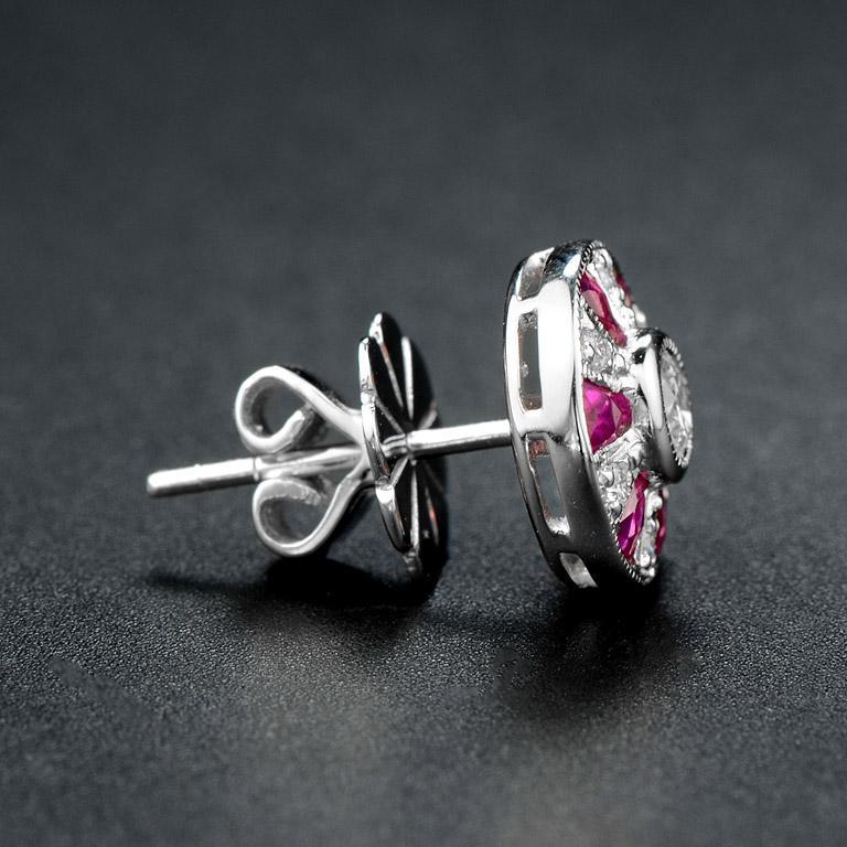 Round Diamond &amp; French Cut Red Pink Ruby Art Deco Style Stud White Gold Earrings