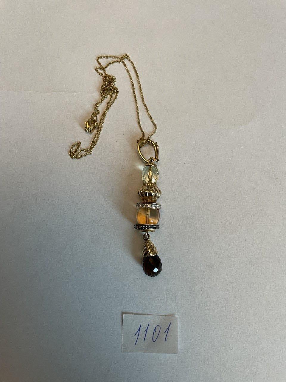 Smoky Brown Yellow Quartz Orange Citrine 14K Gold Diamonds Pendant Necklace