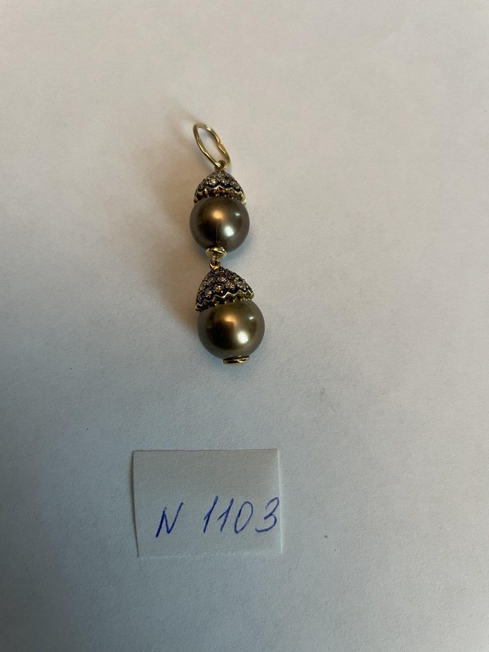 Two Tahitian Black Brown Pearls 18K Yellow Gold Brown Diamond Pave Charm Pendant