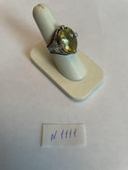 Oval Light Yellow Lemon Quartz Sapphire Prong Halo Diamonds 18K White Gold Ring