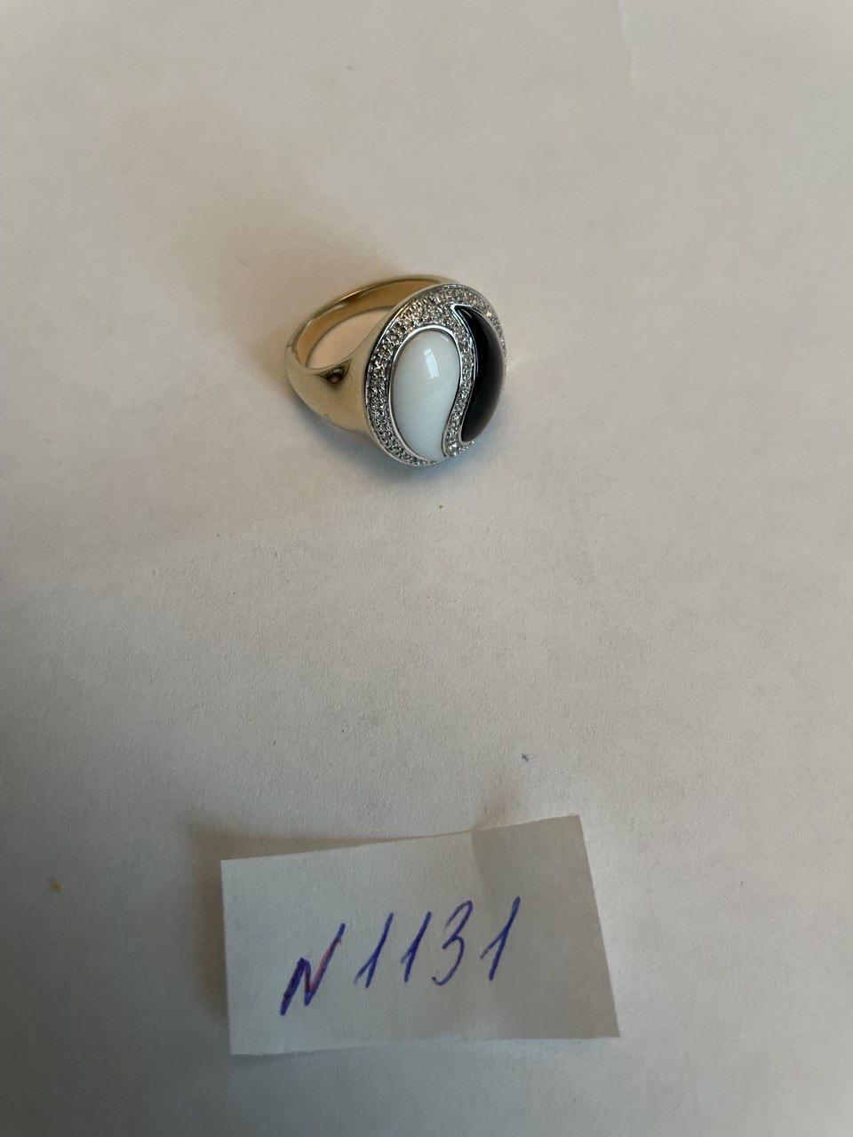 Black Onyx White Agate Yin Yang Motif White Diamond Halo 14K Gold Signet Ring