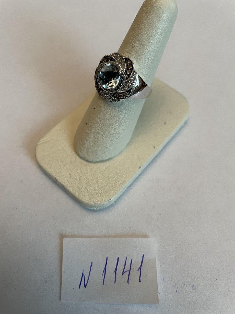 Round Cut Blue Topaz White Brown Diamonds Pave Milgrain 14K White Gold Ring