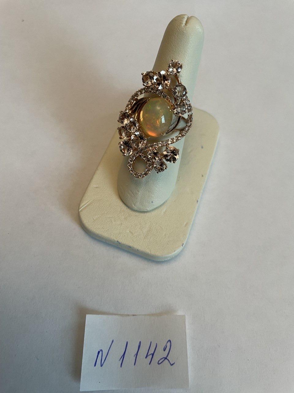 Yellow White Opal Peach Morganites White Diamonds 14K Rose Gold Statement Ring