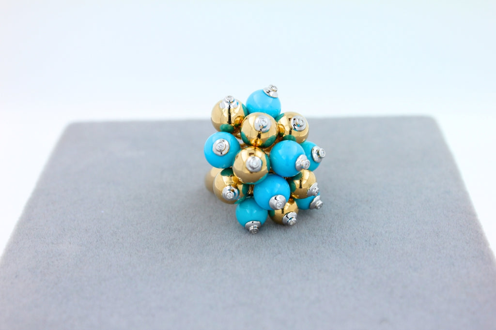 Blue Turquoise Diamonds Golden Spheres Balls Christmas Bells Motif 18K Gold Ring