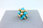 Blue Turquoise Diamonds Golden Spheres Balls Christmas Bells Motif 18K Gold Ring