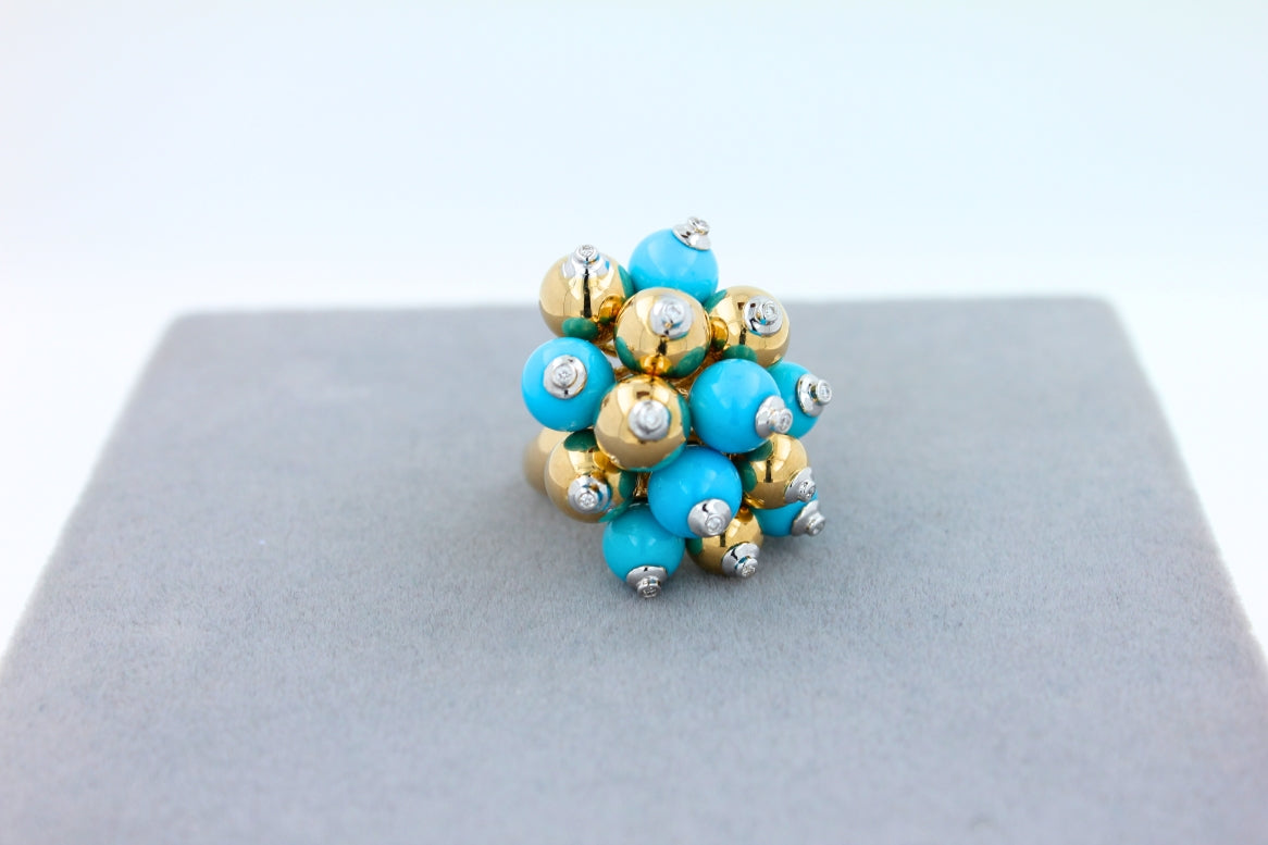 blue turquoise diamonds golden spheres balls christmas bells motif 18k gold ring