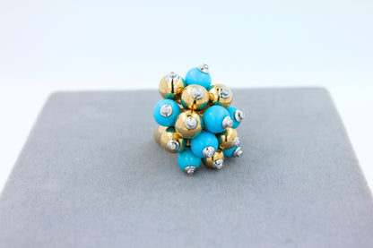 Blue Turquoise Diamonds Golden Spheres Balls Christmas Bells Motif 18K Gold Ring