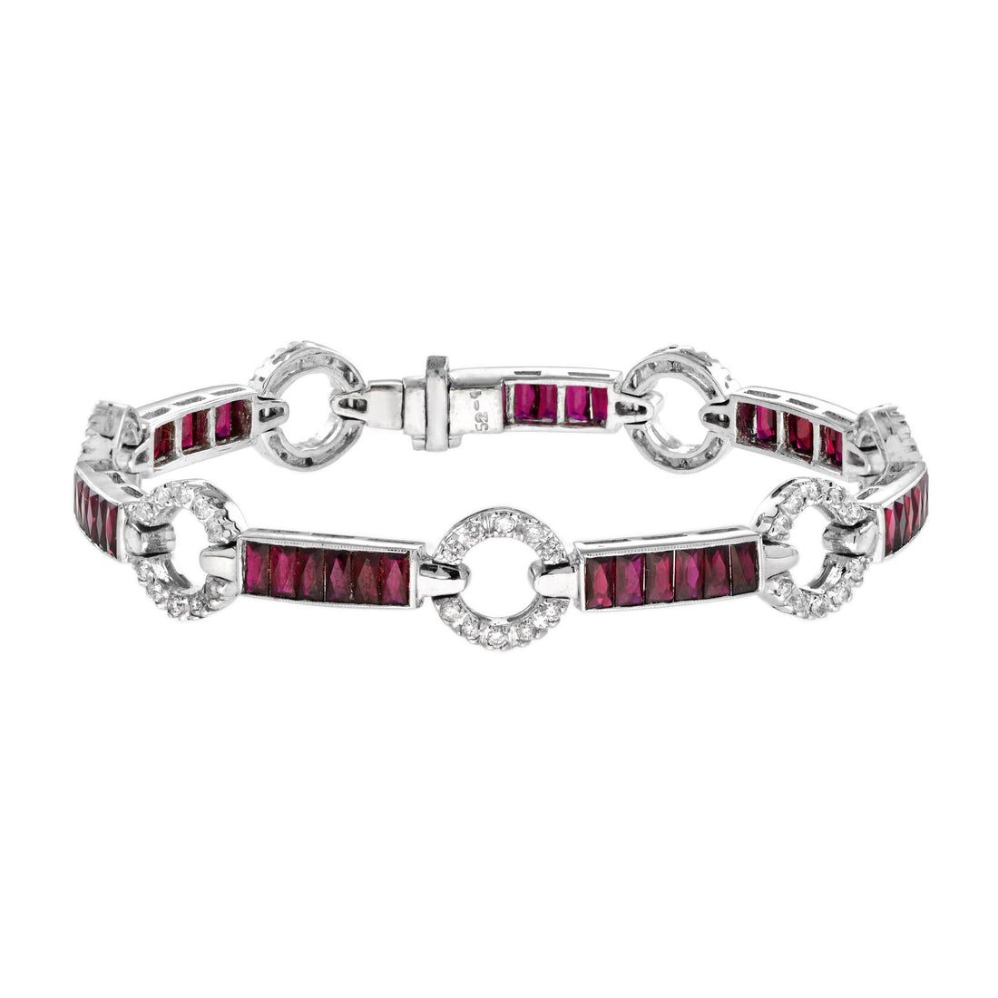 Art Deco Style Red Pink Ruby & Diamond 18K White Gold Unique Tennis Bracelet
