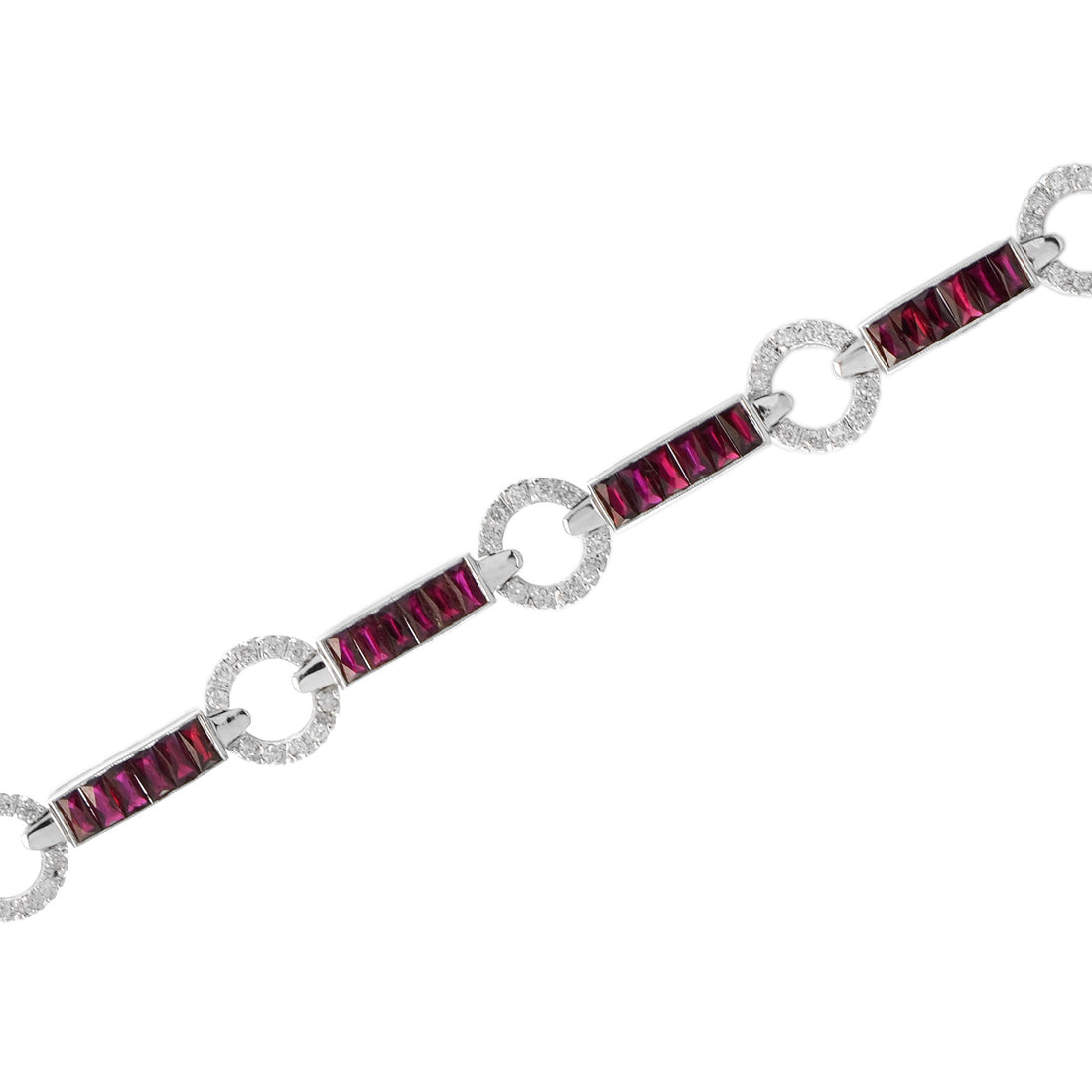 Art Deco Style Red Pink Ruby &amp; Diamond 18K White Gold Unique Tennis Bracelet