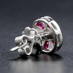 Round Diamond & French Cut Red Pink Ruby Art Deco Style Stud White Gold Earrings