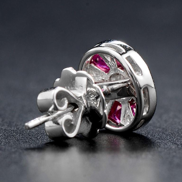 Round Diamond &amp; French Cut Red Pink Ruby Art Deco Style Stud White Gold Earrings