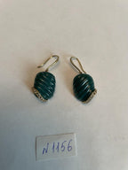 Dark Green Carved Agate Diamond Accent 14K Yellow Gold Drop Hook Earrings