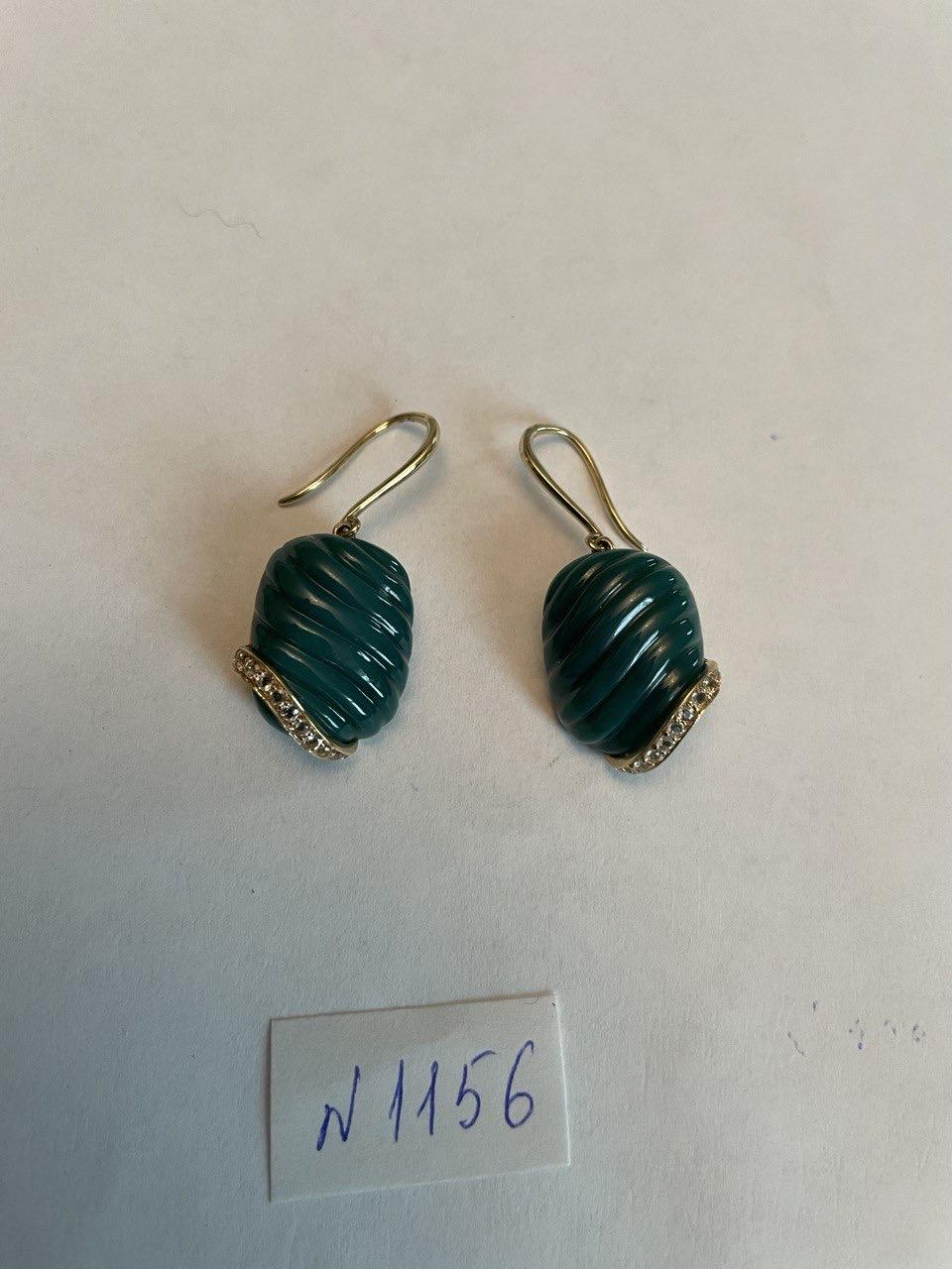 Dark Green Carved Agate Diamond Accent 14K Yellow Gold Drop Hook Earrings