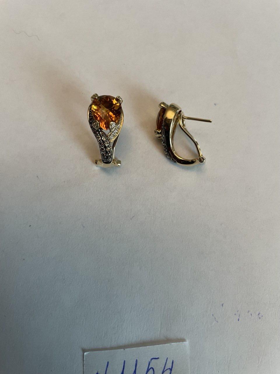 Round Shape Amber Orange Citrine Diamond Pave 14K Yellow Gold Huggie Earrings