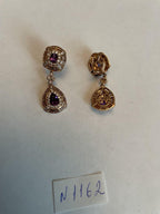 Purple Violet Amethyst Latticework Diamond Halo Drop 14K Rose Gold Earrings