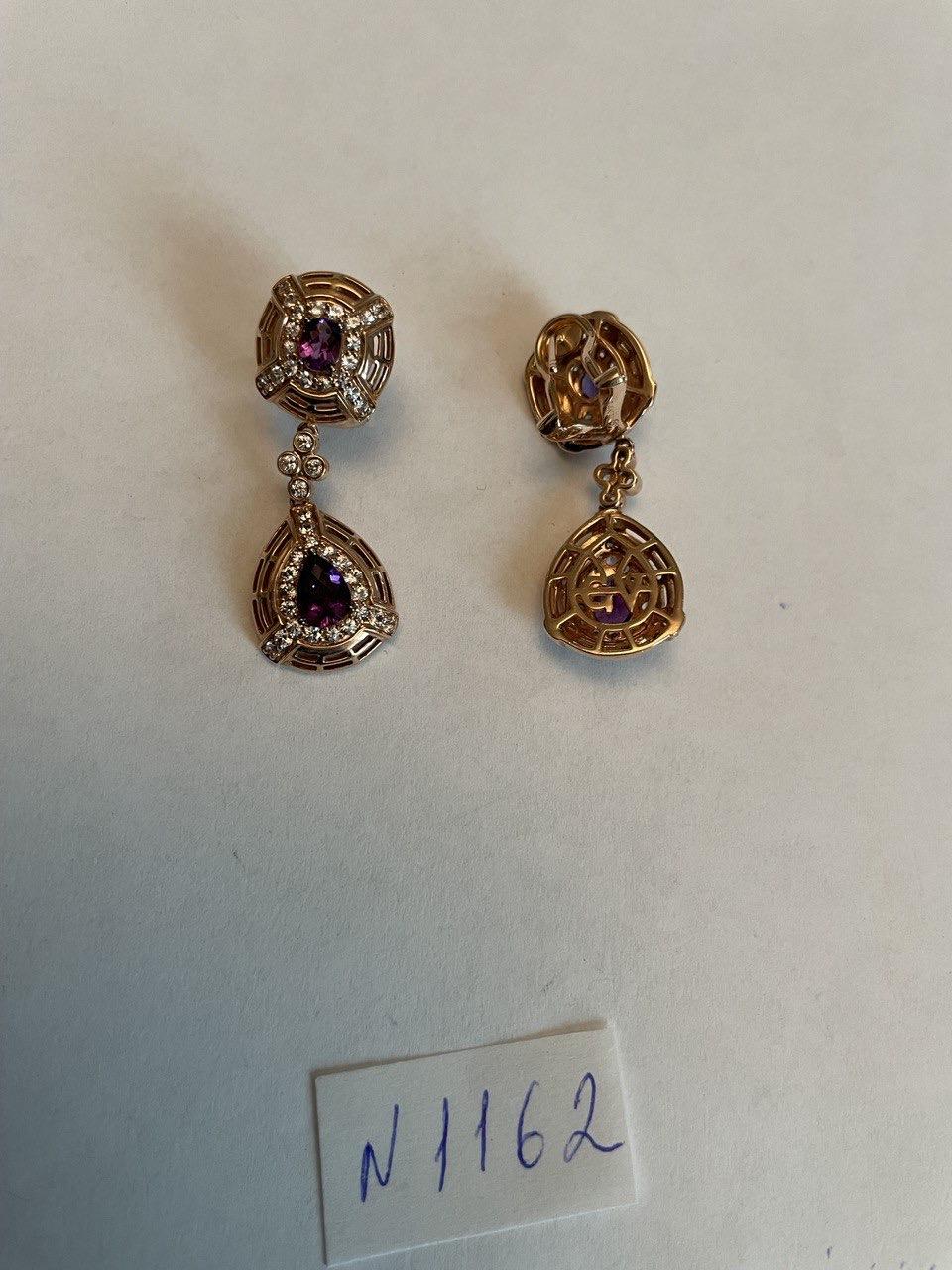 Purple Violet Amethyst Latticework Diamond Halo Drop 14K Rose Gold Earrings