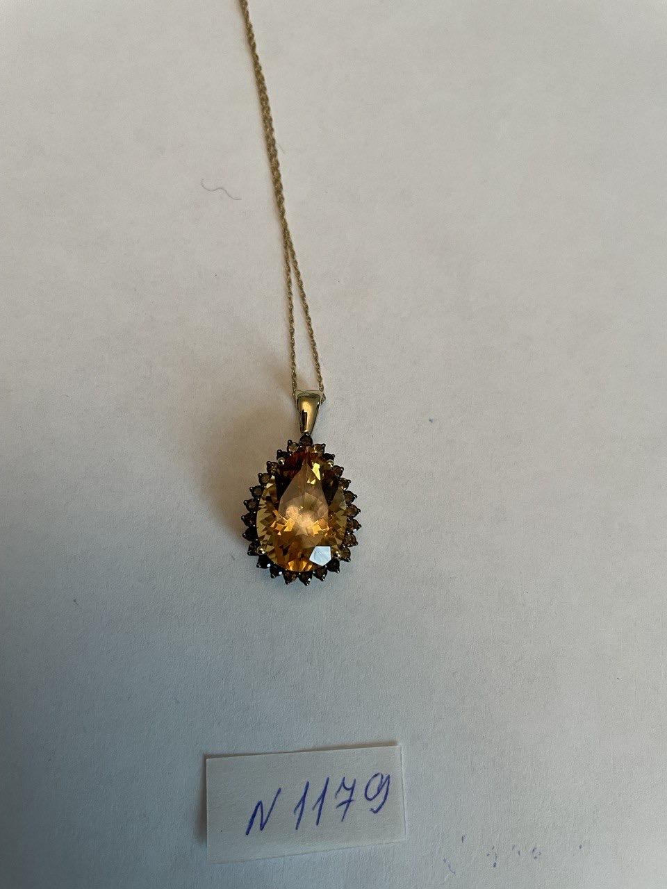 Pear Tear Drop Shape Orange Citrine with Brown Diamonds Halo 14K Gold Necklace
