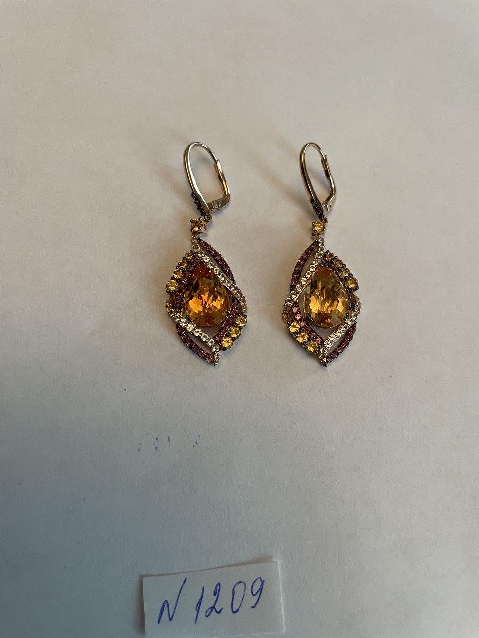 Pear Drop Shape Orange Citrine Multi Diamonds 14K Yellow Gold Statement Earrings