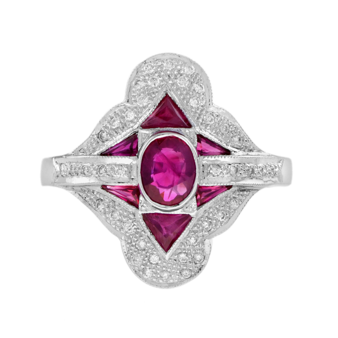 Oval Red Pink Ruby & Diamond Art Deco Style Halo Set 18K White Gold Ring