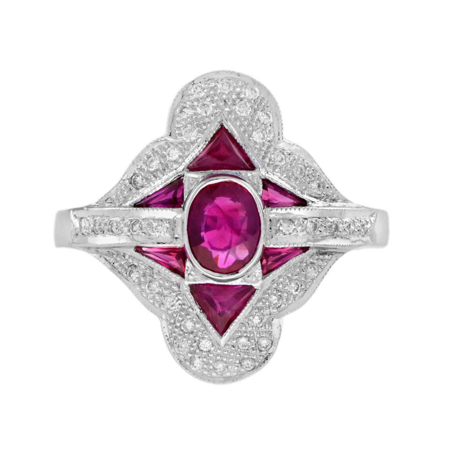 oval red pink ruby & diamond art deco style halo set 18k white gold ring