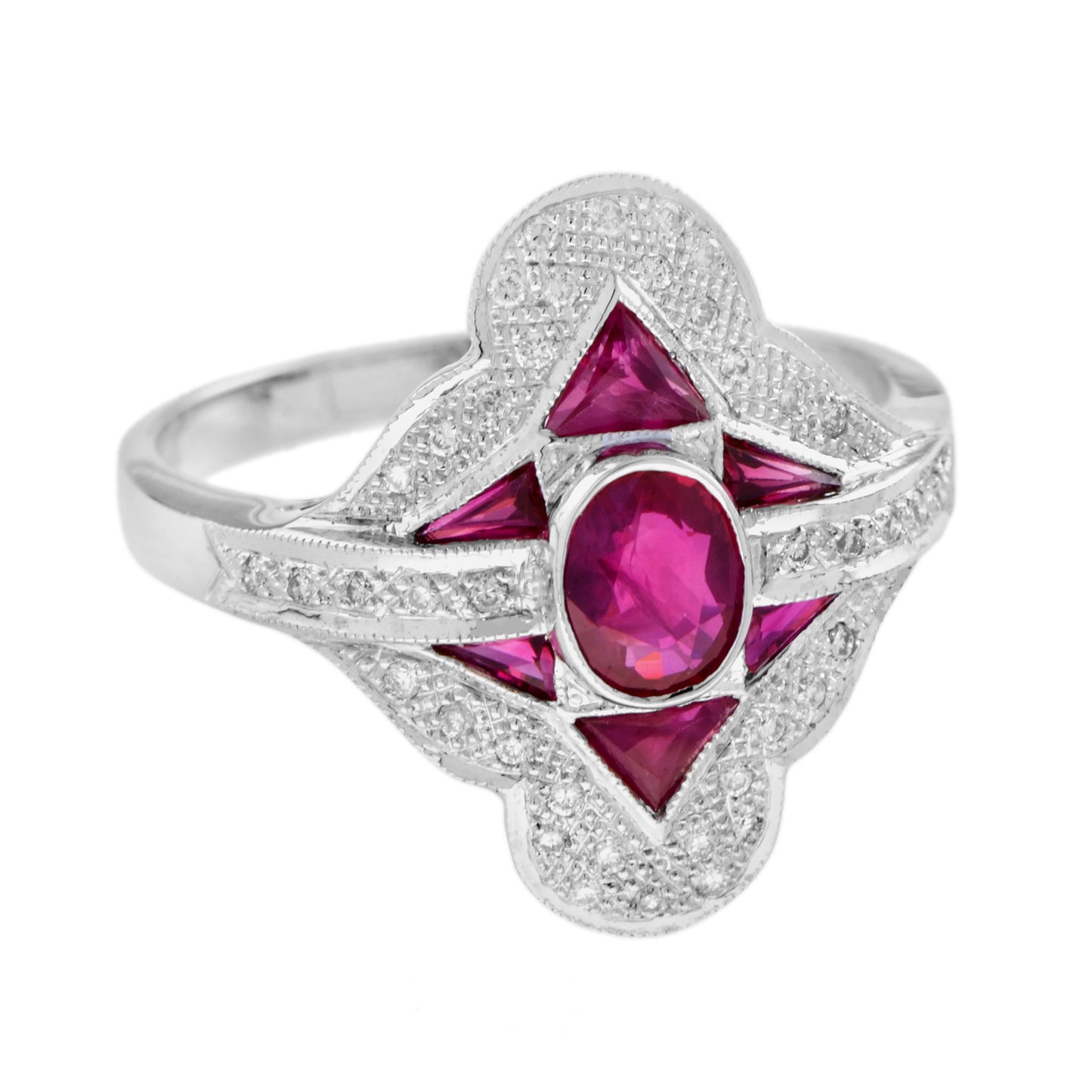 oval red pink ruby & diamond art deco style halo set 18k white gold ring