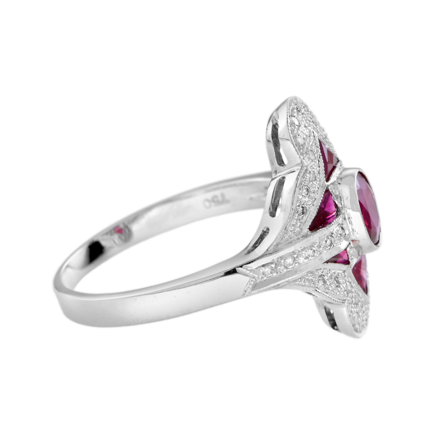 oval red pink ruby & diamond art deco style halo set 18k white gold ring