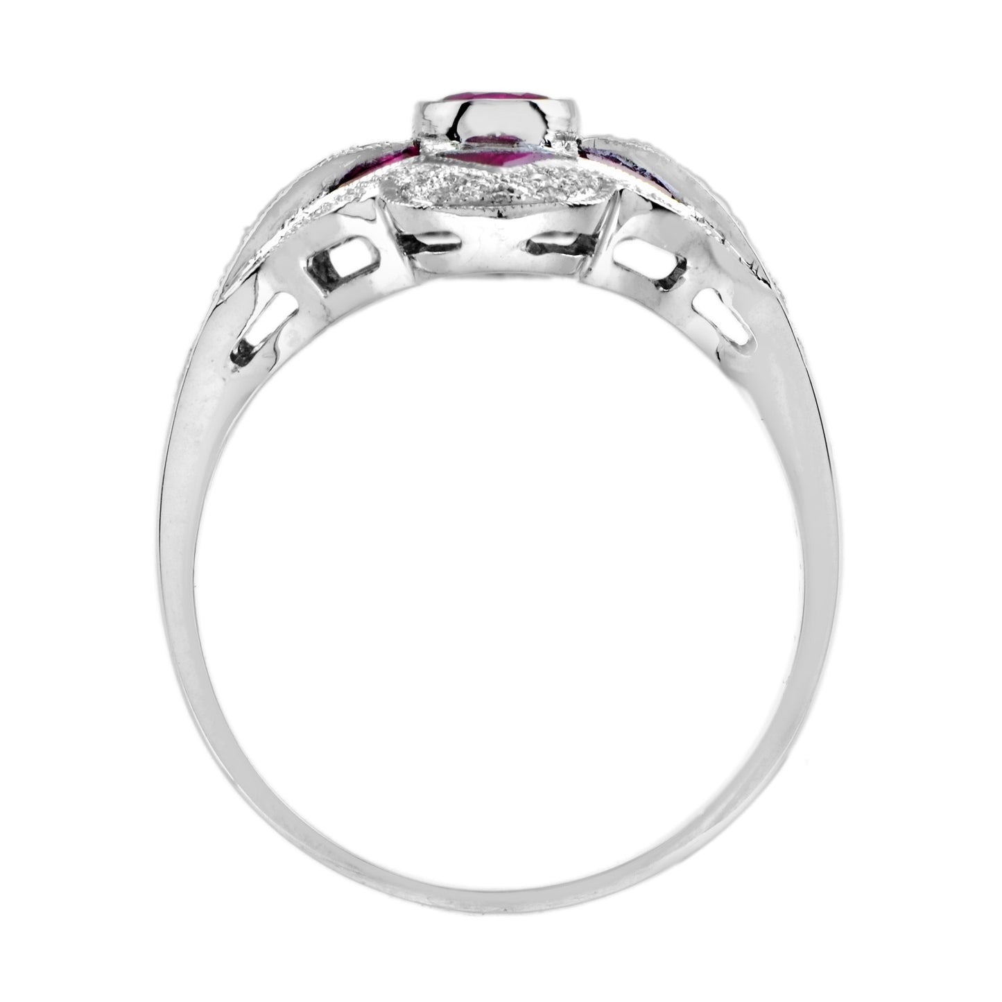 oval red pink ruby & diamond art deco style halo set 18k white gold ring
