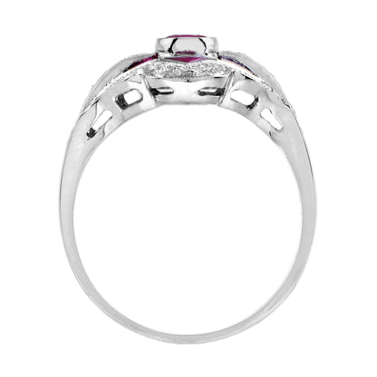 Oval Red Pink Ruby & Diamond Art Deco Style Halo Set 18K White Gold Ring