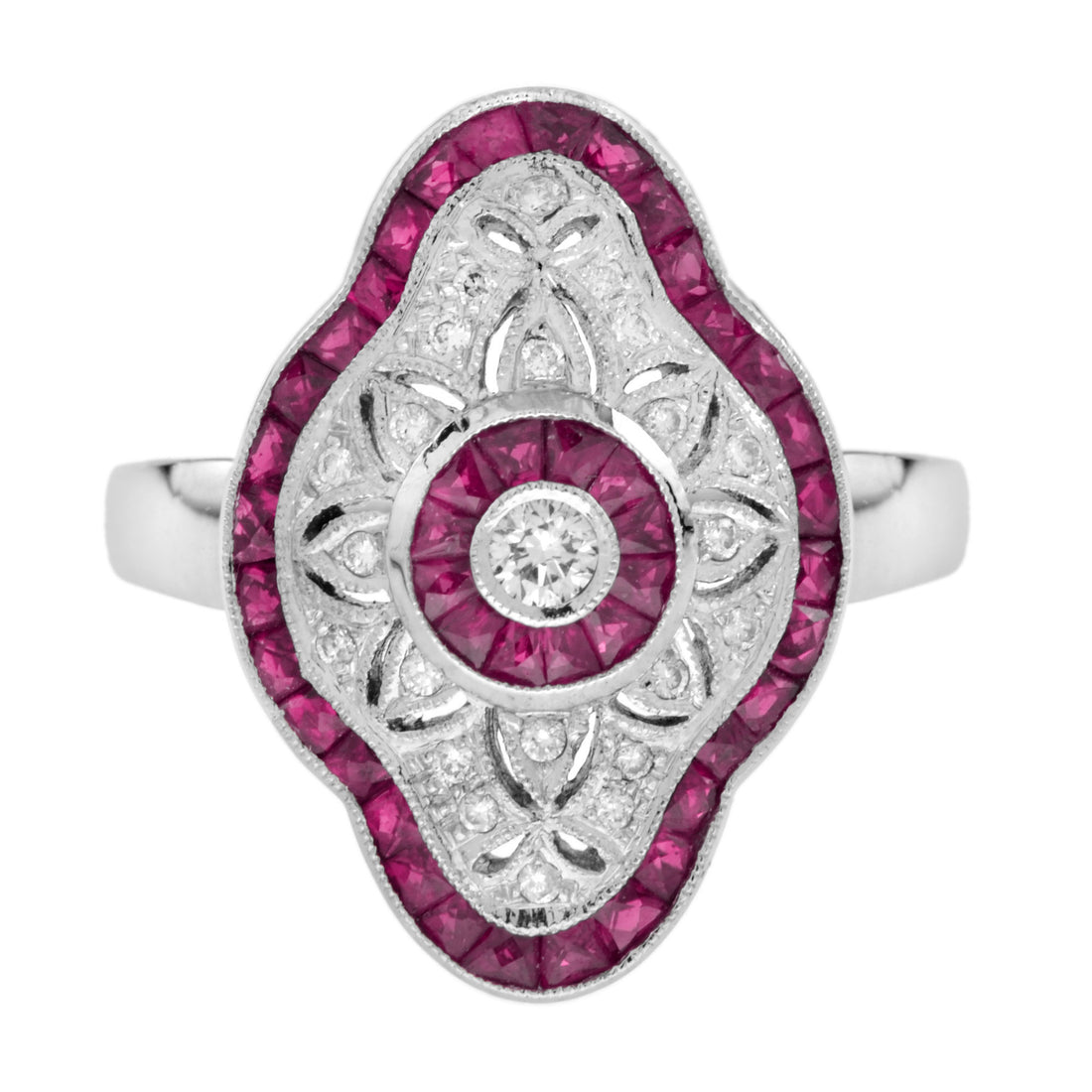Art Deco Style Round Diamond & Pink Red Ruby 18K White Gold Shield Ring
