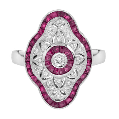 Art Deco Style Round Diamond & Pink Red Ruby 18K White Gold Shield Ring