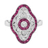 Art Deco Style Round Diamond & Pink Red Ruby 18K White Gold Shield Ring