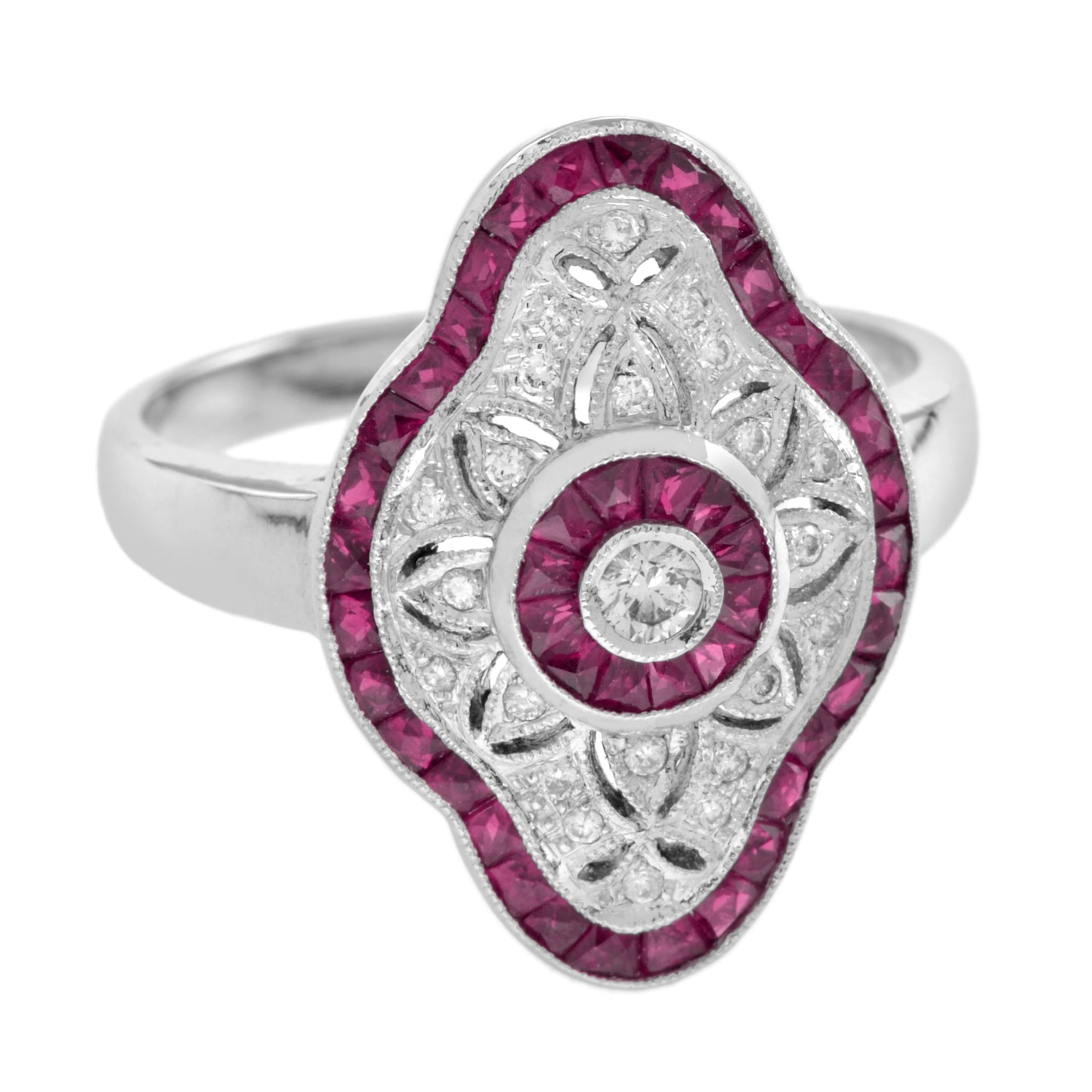 art deco style round diamond & pink red ruby 18k white gold shield ring