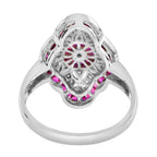 Art Deco Style Round Diamond & Pink Red Ruby 18K White Gold Shield Ring