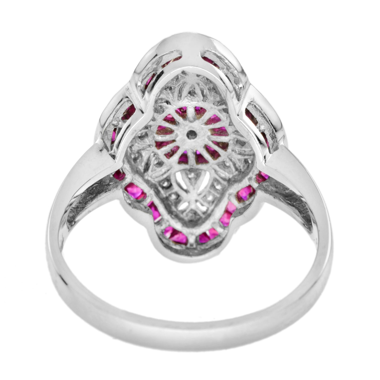 art deco style round diamond & pink red ruby 18k white gold shield ring