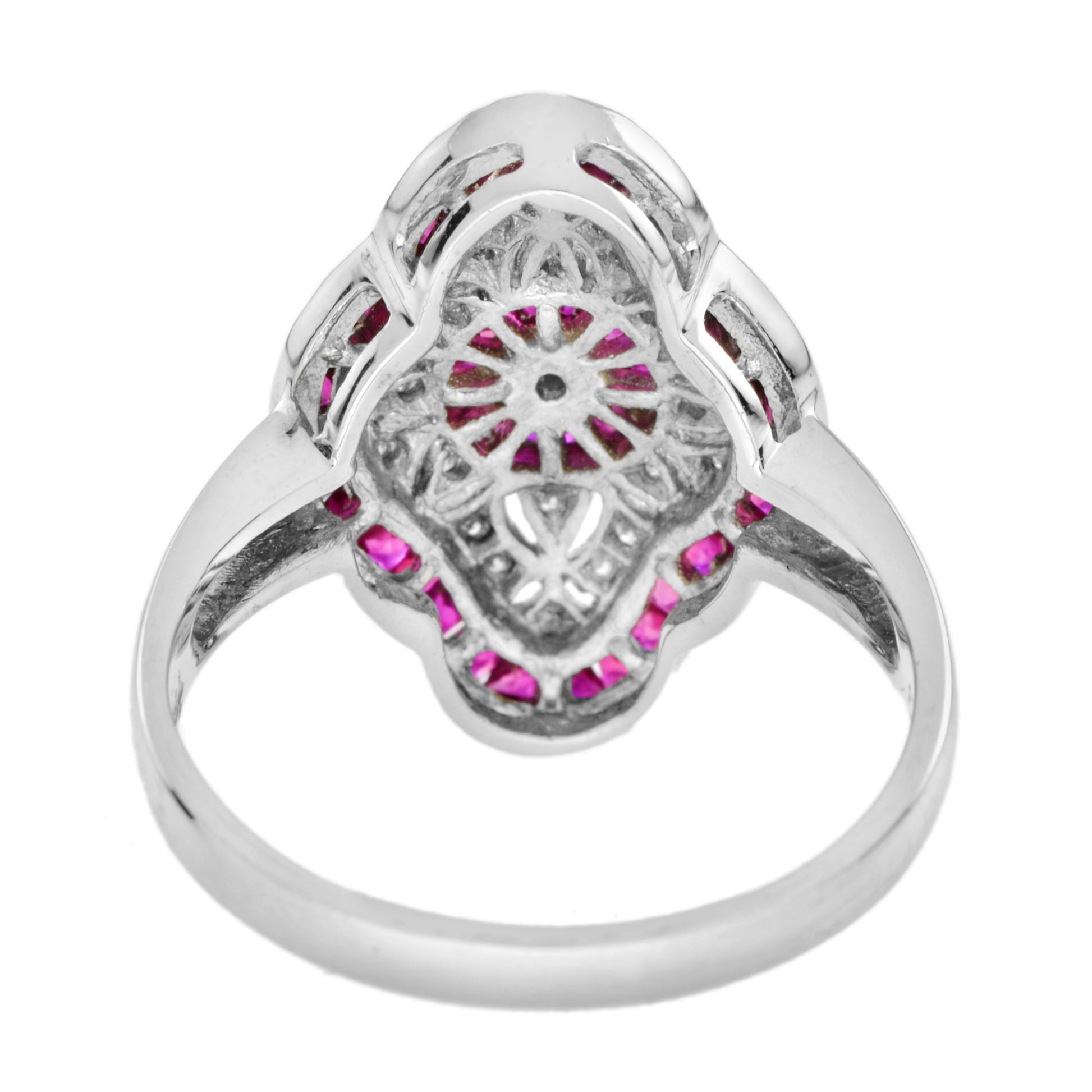 Art Deco Style Round Diamond & Pink Red Ruby 18K White Gold Shield Ring