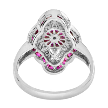 Art Deco Style Round Diamond & Pink Red Ruby 18K White Gold Shield Ring