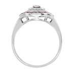 Art Deco Style Round Diamond & Pink Red Ruby 18K White Gold Shield Ring
