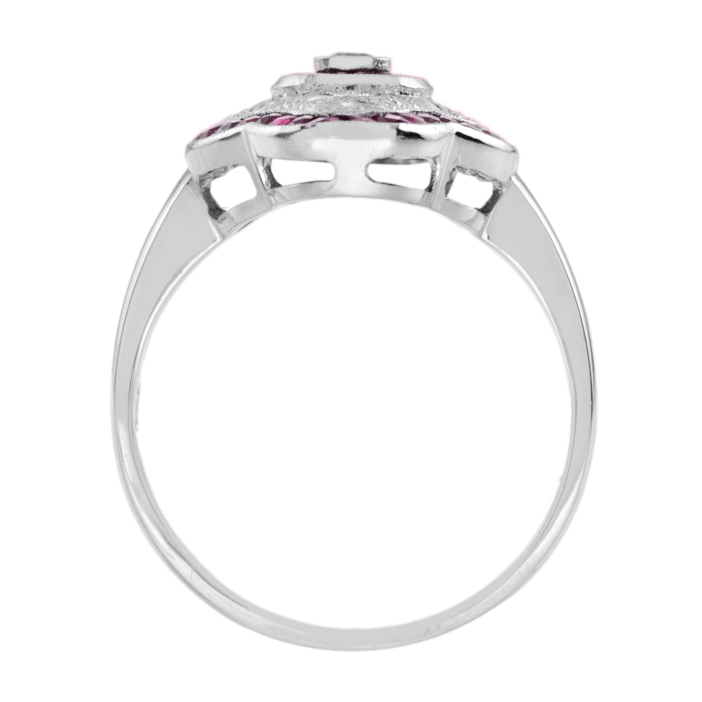 art deco style round diamond & pink red ruby 18k white gold shield ring