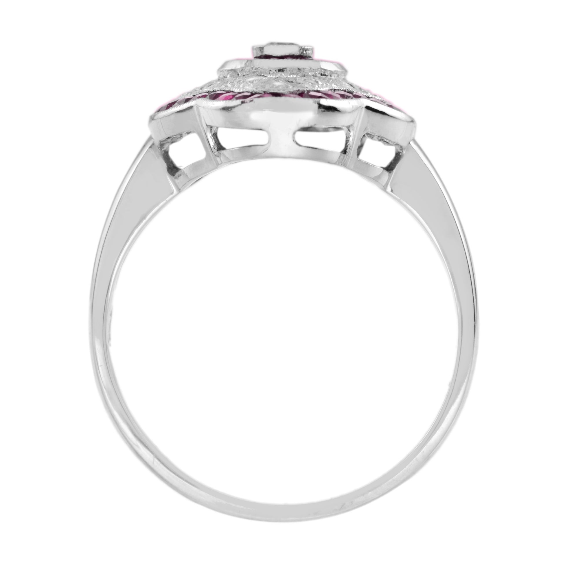 Art Deco Style Round Diamond & Pink Red Ruby 18K White Gold Shield Ring
