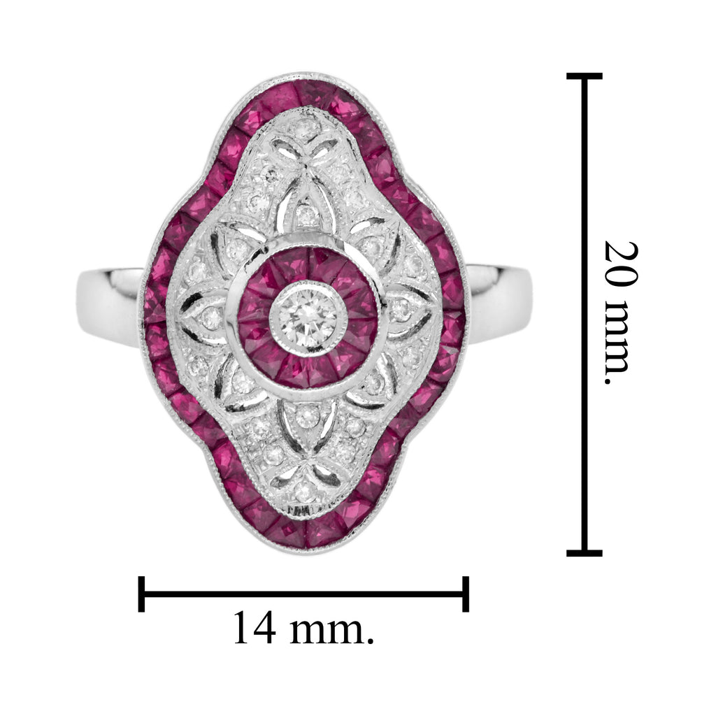 Art Deco Style Round Diamond & Pink Red Ruby 18K White Gold Shield Ring
