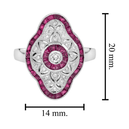 Art Deco Style Round Diamond & Pink Red Ruby 18K White Gold Shield Ring