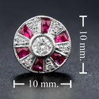 Round Diamond & French Cut Red Pink Ruby Art Deco Style Stud White Gold Earrings