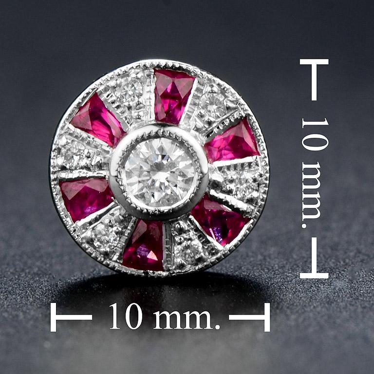 Round Diamond &amp; French Cut Red Pink Ruby Art Deco Style Stud White Gold Earrings