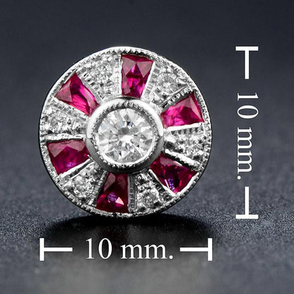 Round Diamond & French Cut Red Pink Ruby Art Deco Style Stud White Gold Earrings