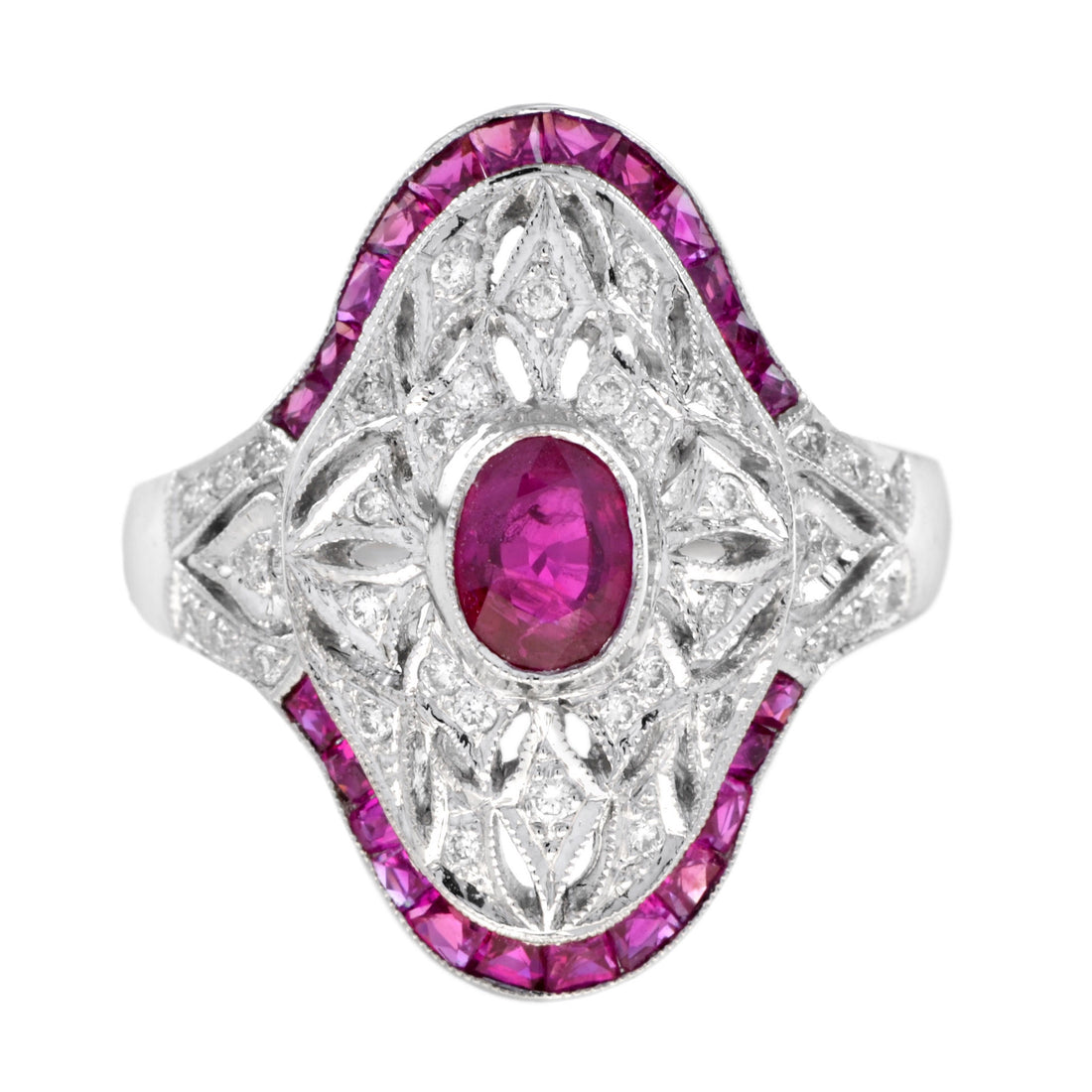 Art Deco Style Pink Red Ruby &amp; Diamond Cocktail 18K White Gold Statement Ring