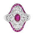 Art Deco Style Pink Red Ruby & Diamond Cocktail 18K White Gold Statement Ring