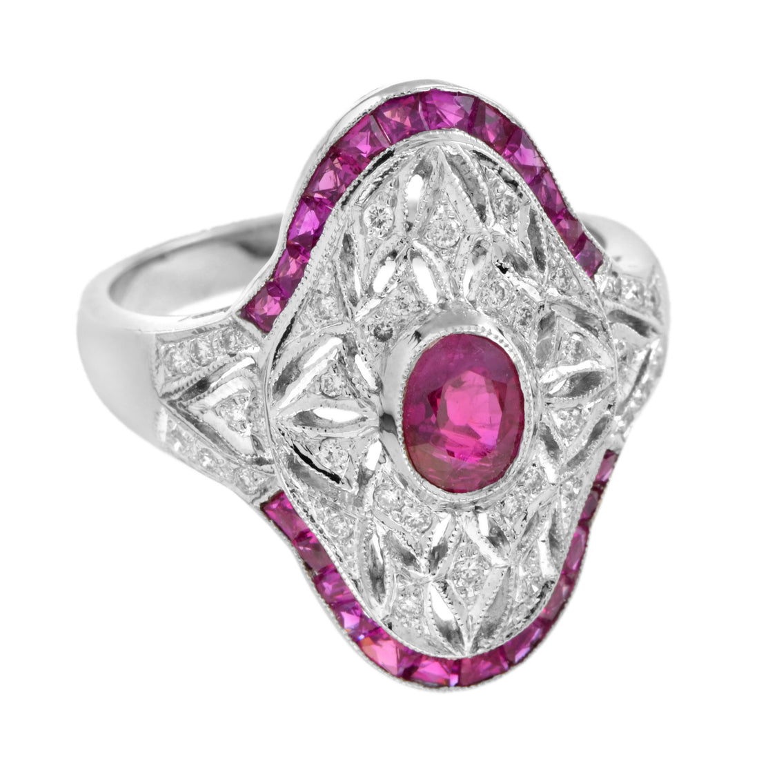 Art Deco Style Pink Red Ruby &amp; Diamond Cocktail 18K White Gold Statement Ring