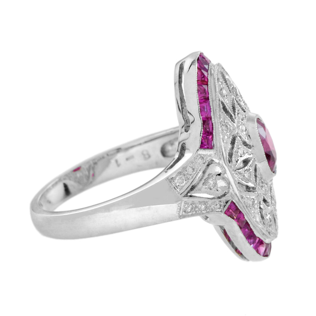 Art Deco Style Pink Red Ruby & Diamond Cocktail 18K White Gold Statement Ring