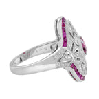 Art Deco Style Pink Red Ruby & Diamond Cocktail 18K White Gold Statement Ring