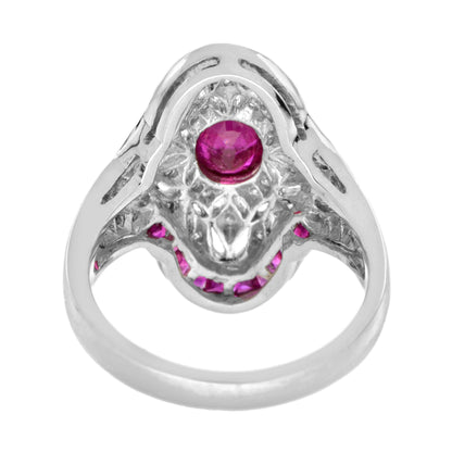 Art Deco Style Pink Red Ruby &amp; Diamond Cocktail 18K White Gold Statement Ring